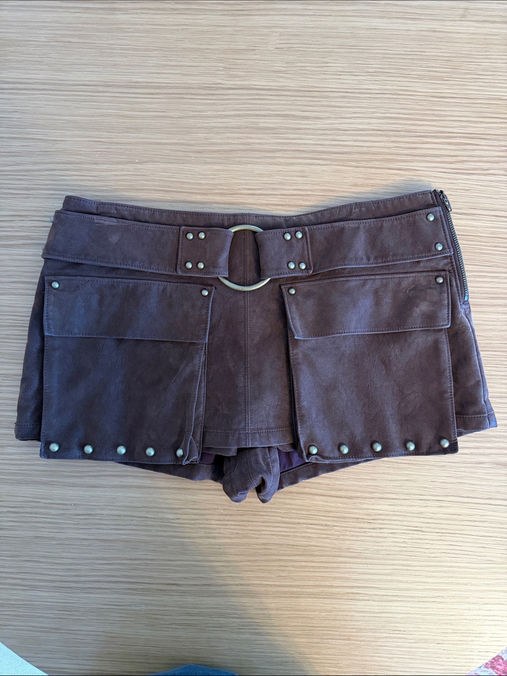 Suede Brown Micro Skort with Gold Studs